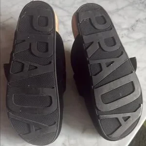 Prada Black Suede Clogs with Gold Buckles